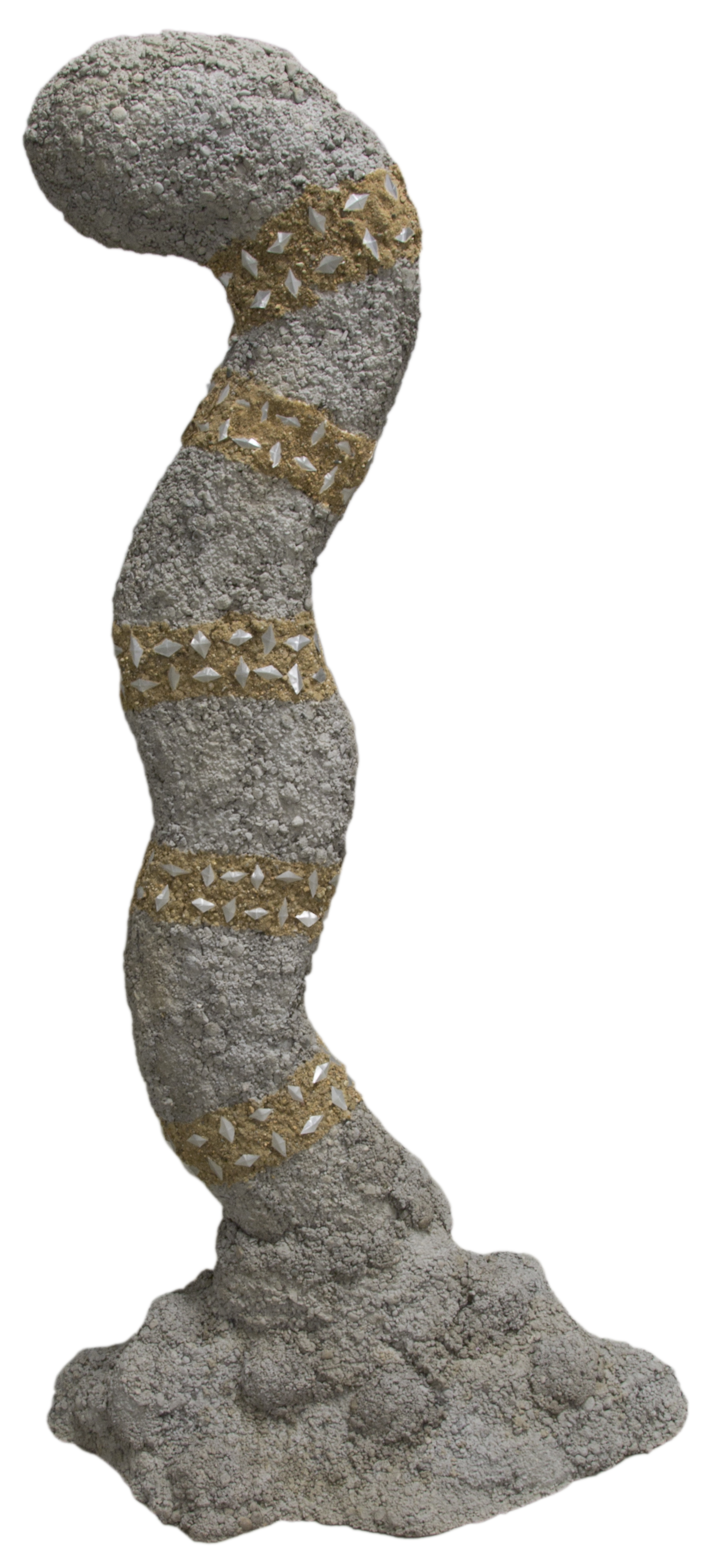 A sculpture called 'Worm' that is 4 feet tall and 1.5 feet wide. It is a squiggly worm made oc conrete emerging to stand from a concrete mound. The worm has rings of sand on it that also have tin metal diamons embedded in the sand, similar to the Atomic Stink Bomb statue. Made in 2018.